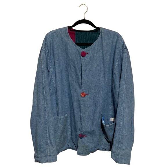 VTG Denim Barn Coat Jacket OOAK Patches Car Appliqué Plaid Lining OS Grandma Y2K - Picture 4 of 14